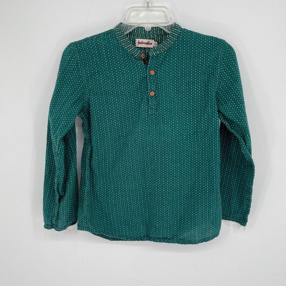 Fabindia Girls Green Dobby Dot Long Sleeve Lace Trim Henley Tunic Top Sz L 12-14